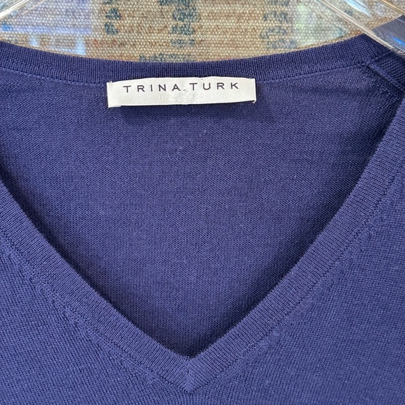 Trina Turk Sass Merino Wool Pointelle Fringe Trim Sweater Blue Small | L005 - Picture 4 of 12